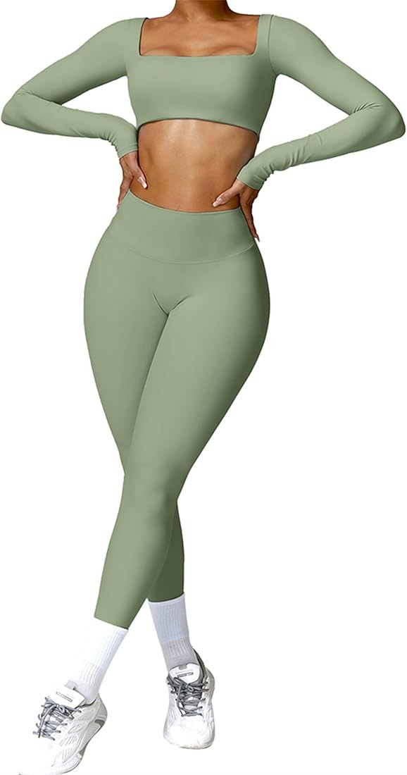 2 Piece Workout Sets for Women Long Sleeve Crop Tops and Yoga Pants Outfits High Waist Flared Leg... | Amazon (US)
