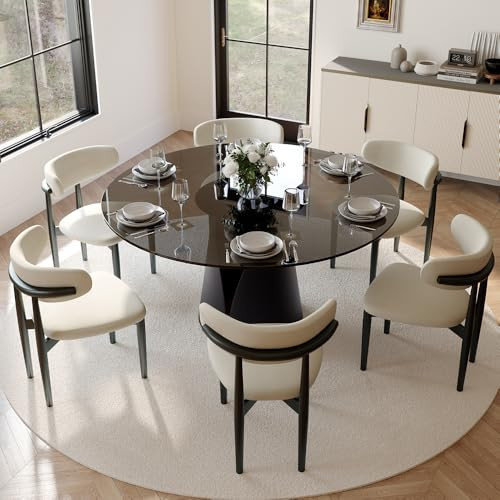POVISON Glass Round Dining Table for 6, Modern Dining Table 59" Dining Room Table Round Black Glass Top with Solid Black Carbon Steel Base for Kitchen(Table Only) | Amazon (US)