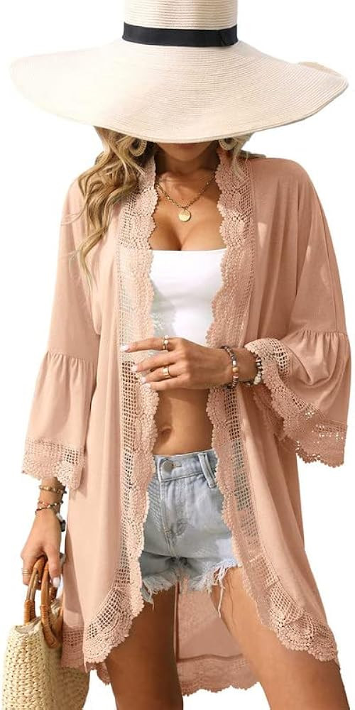 Spadehill Womens 3/4 Bell Sleeve Kimono Cardigan with Sheer Lace Details | Amazon (US)