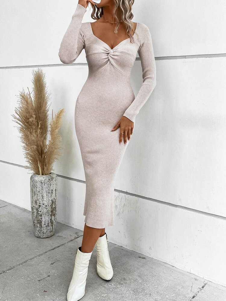 Sweetheart Neck Twist Front Bodycon Sweater Dress | SHEIN