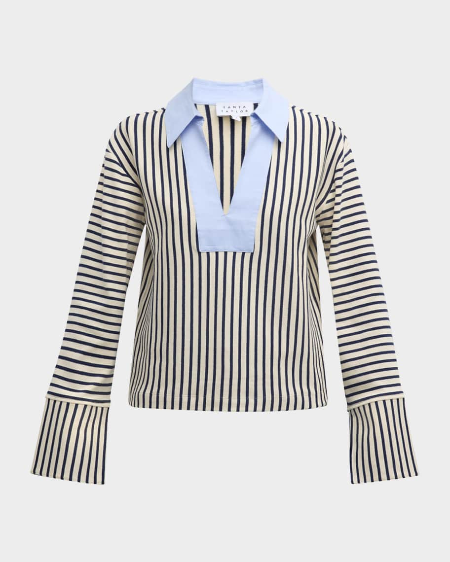 Tanya Taylor Whitney Rugby Stripe Collared V-Neck Top | Neiman Marcus