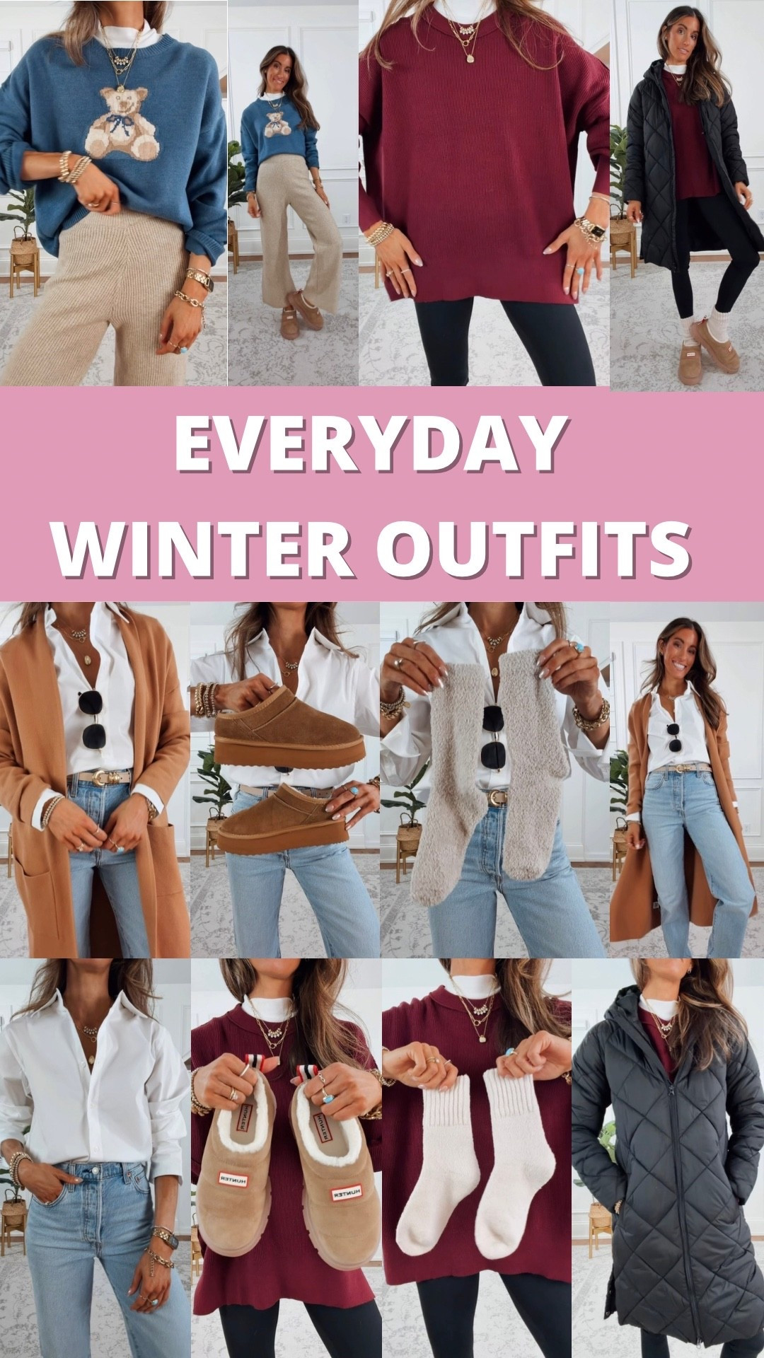 Wearing xsmall button down (fits oversized), 25 jeans (fit true to size, medium burgundy sweater (fits oversized), small leggings (fit tts), small tshirt (runs small - size up one or two sizes), xsmall puffer (runs slightly small), xsmall knot pants (fit true to size), medium teddy sweater (fits true to size) 

#LTKootd #LTKFindsUnder100 #LTKFindsUnder50