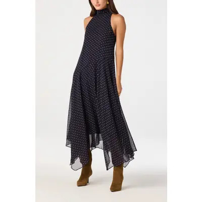 ASTR the Label Tiana Polka Dot Mock Neck Midi Dress in Navy Pink Polka Dot at Nordstrom, Size Large | Nordstrom