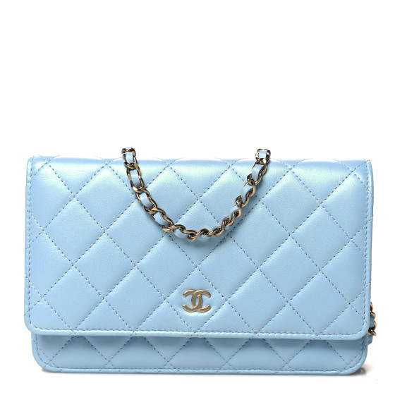 Lambskin Quilted Mini Wallet On Chain WOC Light Blue | FASHIONPHILE (US)