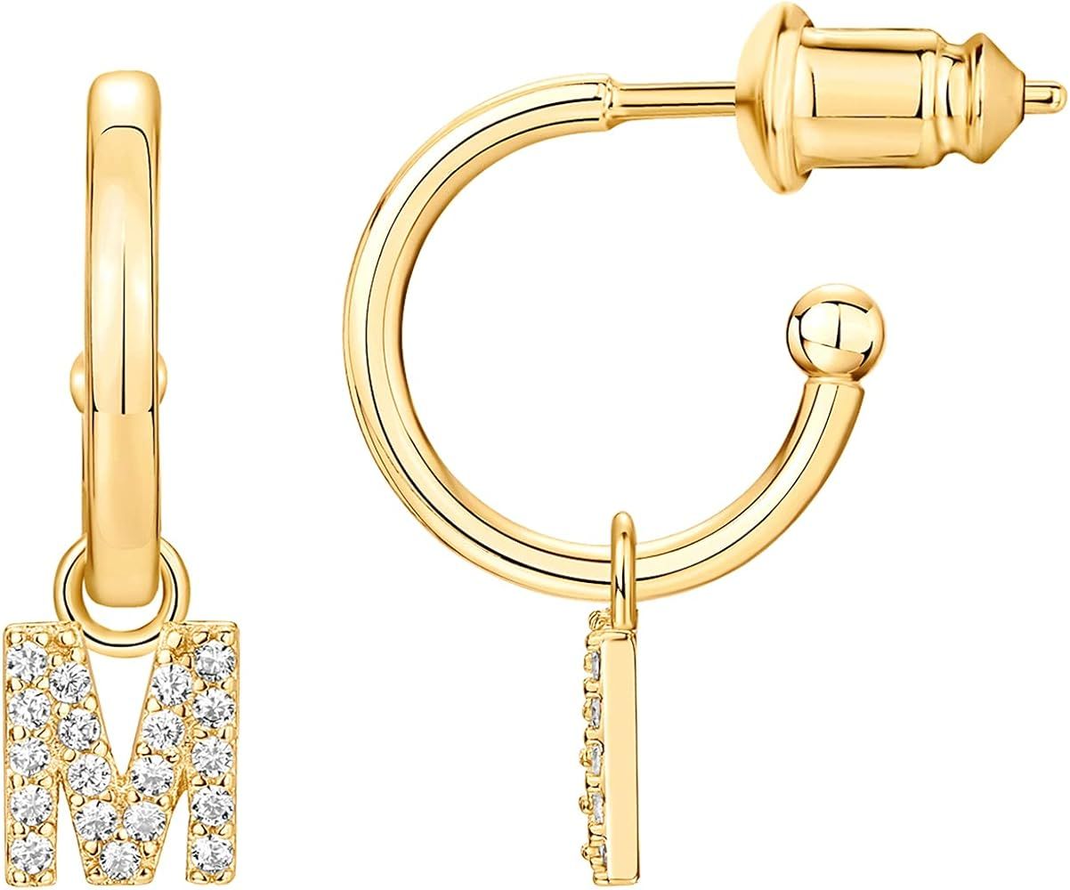 PAVOI 14K Gold Plated 925 Sterling Silver Post Huggie Earring With Initial Dangle |CZ Initial Hug... | Amazon (US)
