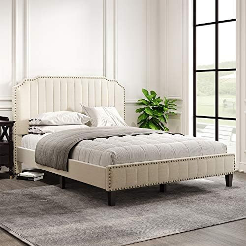 Merax Modern Upholstered Platform Bed Headboard & Wood Slat Support/No Box Spring Needed/Solid Wood  | Amazon (US)