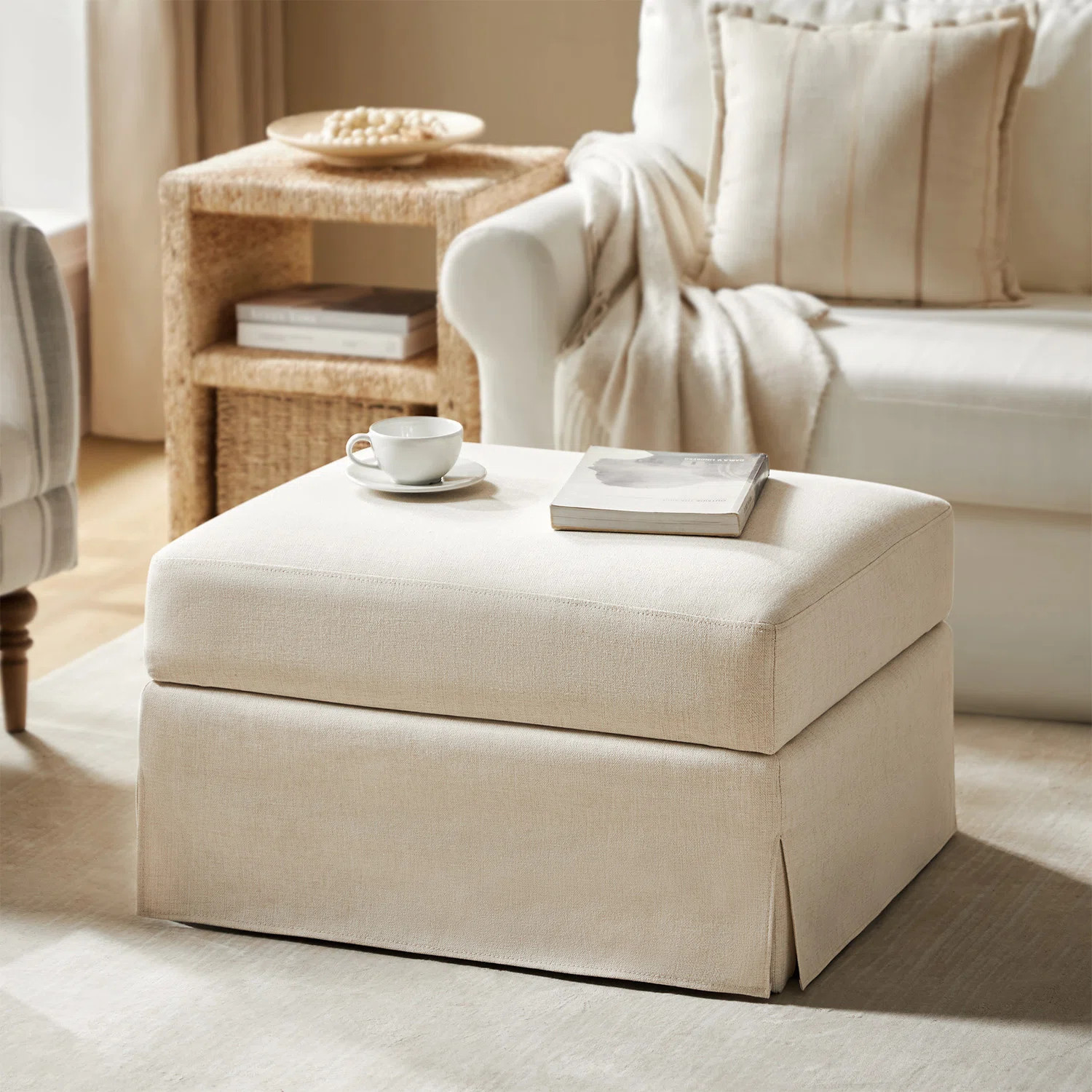 Lessman Farmhouse 30'' W Upholstered Slipcover Ottoman with Storage and Flip-Top Tray | Wayfair North America