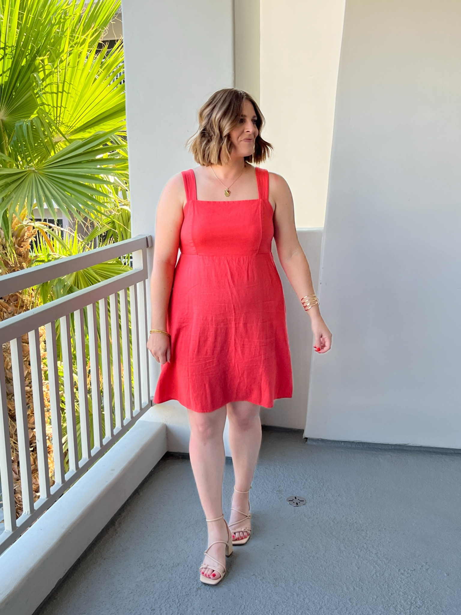 Summer Style// love this linen square neck dress + the cutest strappy heels.

Shoes have a chunky heel so very comfortable!

#LTKMidsize #LTKSaleAlert #LTKShoeCrush