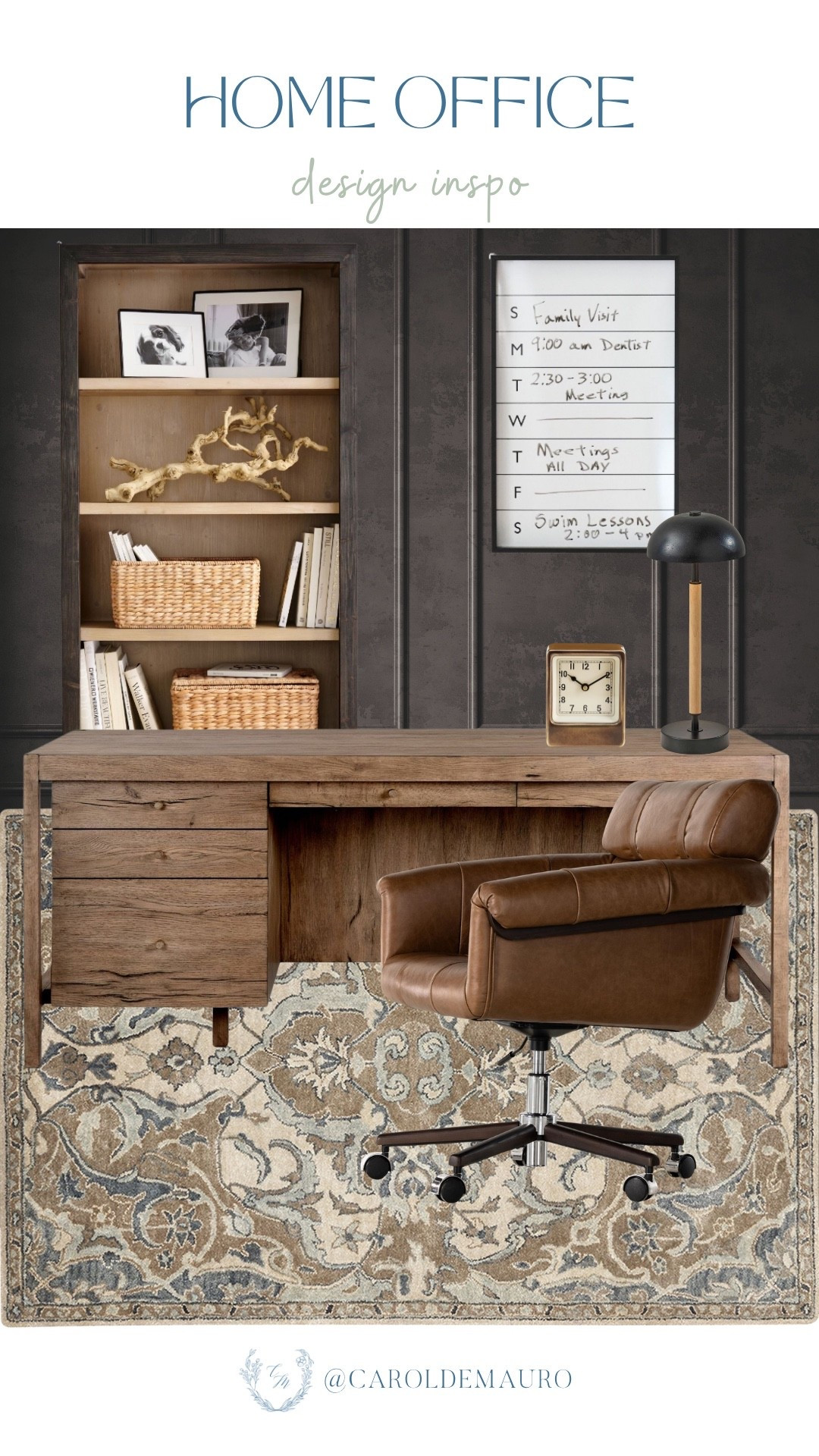 Nail that perfect 'modern rustic' aesthetic by mixing sleek black accents with rich, warm leather, and wood tones! Elevate your daily grind with a solid wood desk, a classy brown leather chair, a stunning blue and tan rug, and these timeless desk and shelf essentials.

pottery barn, home styling, design inspo, vintage aesthetic, desk organization, modern rustic, work from home life, office inspo

#LTKHome