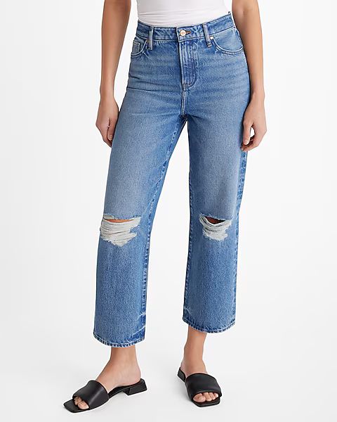High Waisted Light Wash Ripped Relaxed Straight Ankle Jeans | Express