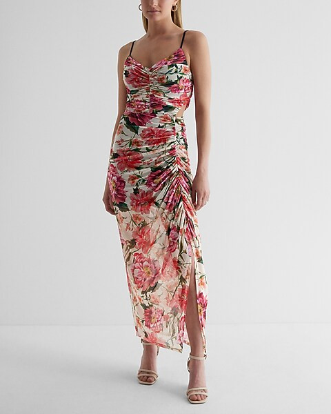 Floral Mesh V-Neck Side Cutout Ruched Maxi Dress | Express