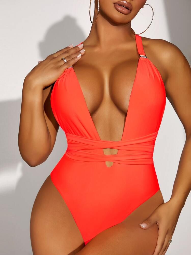Criss Cross Lace Up One Piece Swimsuit | SHEIN