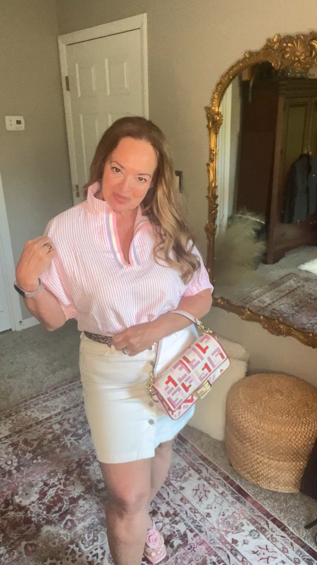 The prettiest pink pin stripe Summer southern coded dress shirt.

#LTKMothersDay #LTKOver40 #LTKootd