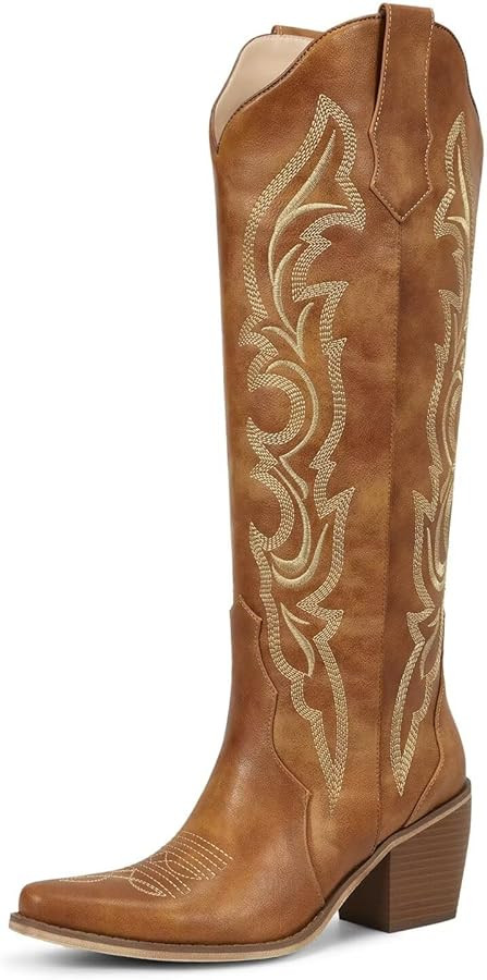 wetkiss Cowboy Boots for Women Knee High Cowgirl Boots, Womens Embroidered Slip on Western Boot w... | Amazon (US)