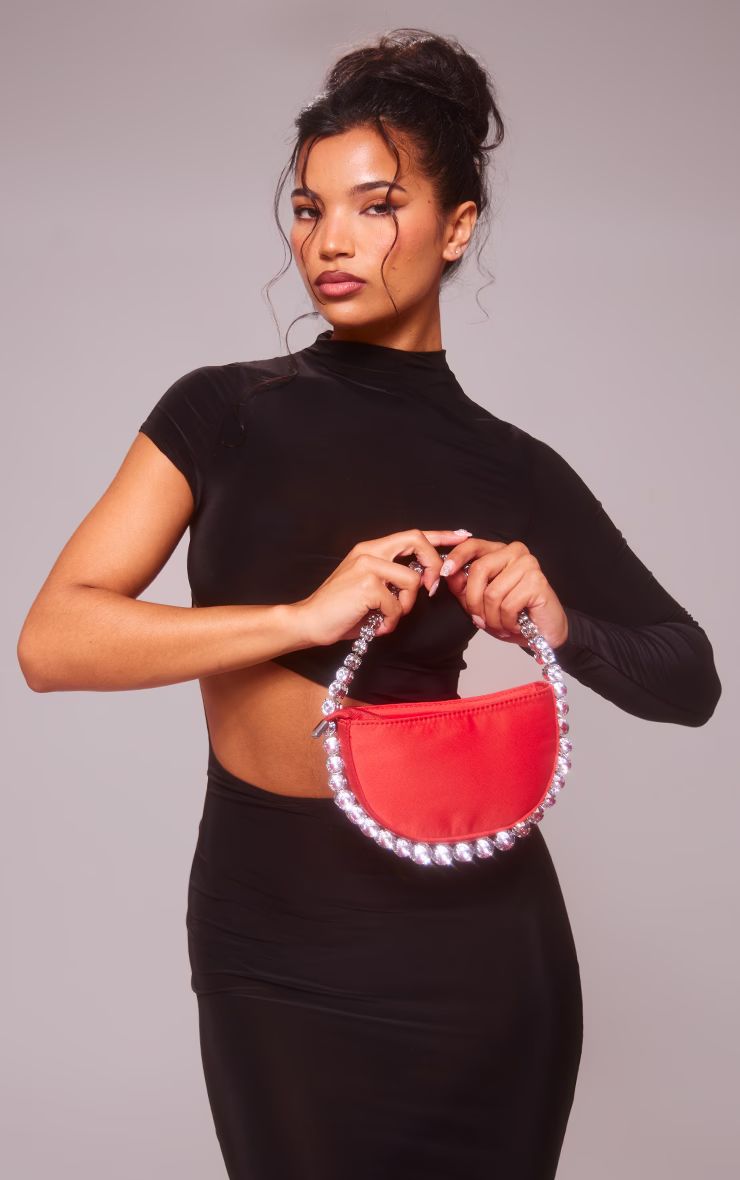 Red Diamante Strap Satin Semi Circle Bag | PrettyLittleThing US