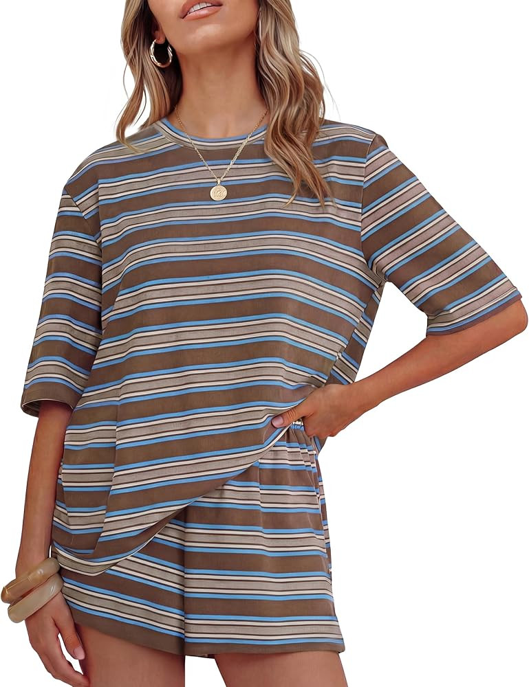 ZESICA Womens Summer 2 Piece Short Sets Striped Oversized Matching Lounge Airport Travel Workout ... | Amazon (US)