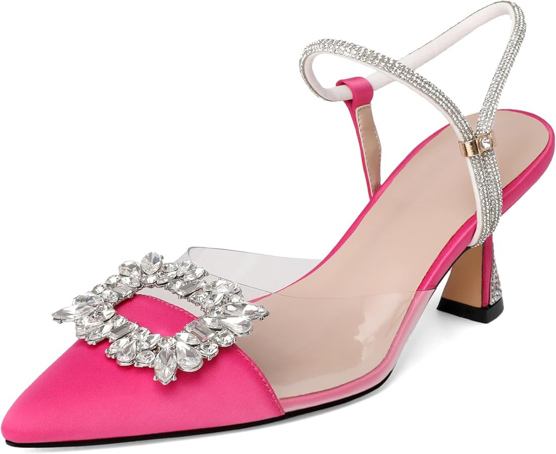 Rhinestone Heels Slingback Low Kitten Heels Pumps Clear Heels Sparkly Buckle Closed Pointed Toe W... | Amazon (US)