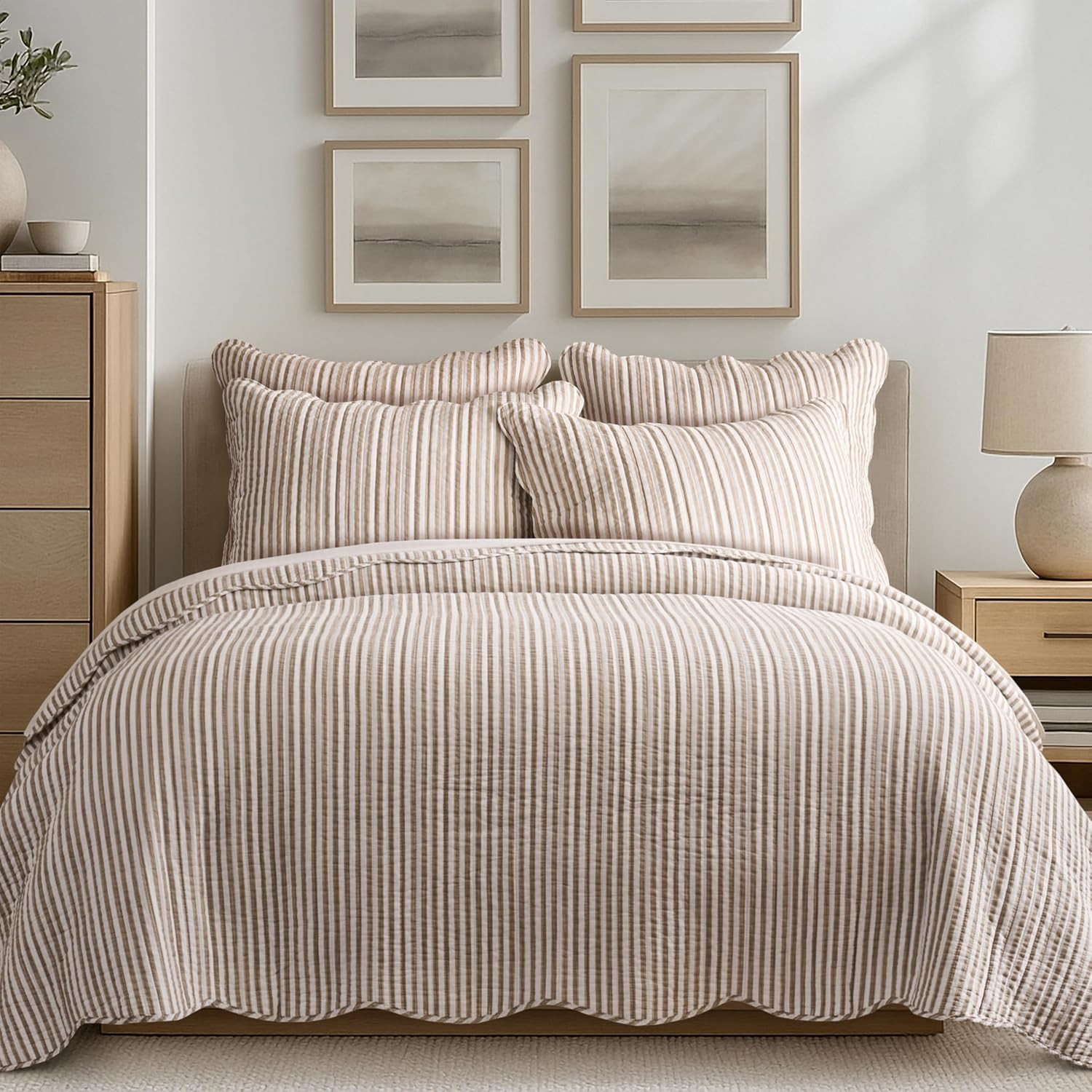 Levtex Home Martha Stripe Taupe Reversible Twin XL/Twin Quilt Set (68x86in) with 1 Pillow Sham (26x20in) - Stripe Bedding - Taupe, White - Cotton Twin Size Quilt Bedding Set - Scalloped Edge | Amazon (US)