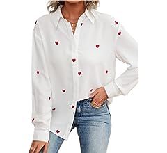 OYOANGLE Women's Heart Print Bottom Down Long Sleeve Drop Shoulder Casual Work Shirt | Amazon (US)