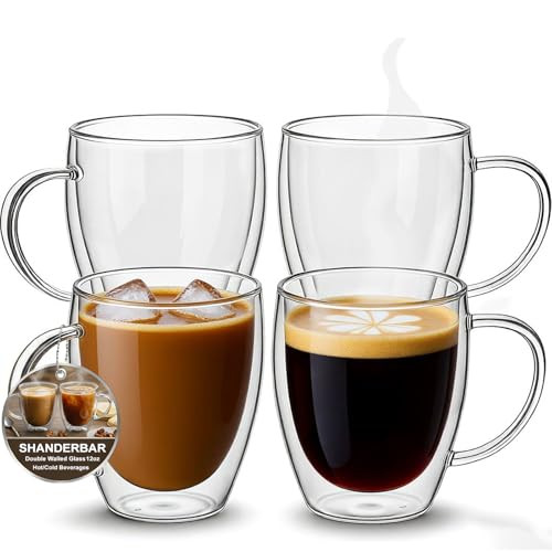Set of 4 Double Walled Glass Coffee Mugs with Handles, 12oz Clear Coffee Mugs for Hot/Cold Beverages, Insulated Borosilicate Glass Cups for Cappuccino, Espresso, Latte, Tea, Milk, Microwave Safe | Amazon (US)