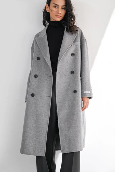 Meridian Light Gray Wool Double-Breasted Oversized Coat | J.ING