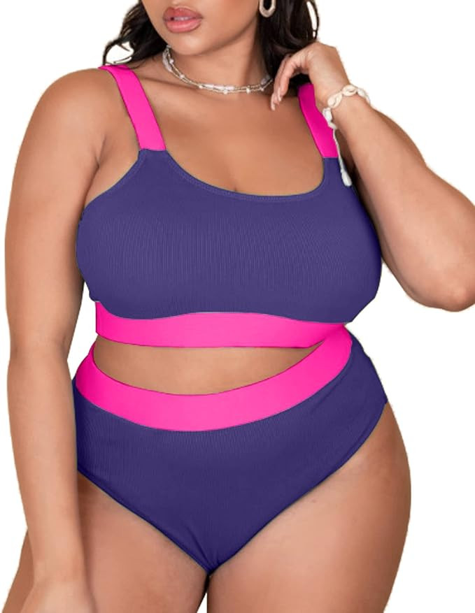 ZINPRETTY Plus Size High Waisted Bikini Set Womens Swimsuit Cheeky Two Piece Sports Color Block B... | Amazon (US)