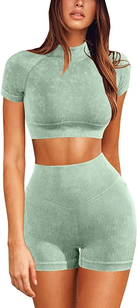 Workout Sets for Women Long Sleeev 2 Piece Yoga Outfits Seamless Ribbed Sweetheart Neck Crop Top Hig | Amazon (US)