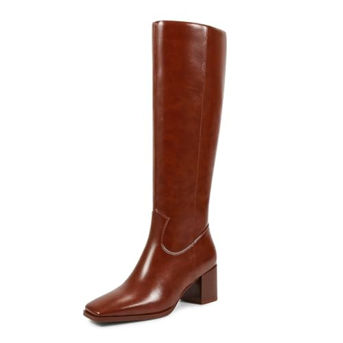 wetkiss Brown Boots for Women Brown Knee High Boots for Women Brown Tall Boots Womens Long Boots Brown Thigh High Boots Gogo Boots Chunky Boots Block Heel Square Toe Side Zipper Leather Boots | Amazon (US)