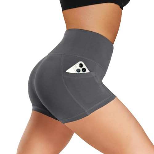 Biker Shorts Women with Pockets - 3"/5"/8" High Waisted Soft Tummy Control Workout Shorts for Yoga Athletic Gym Dark Grey | Amazon (US)