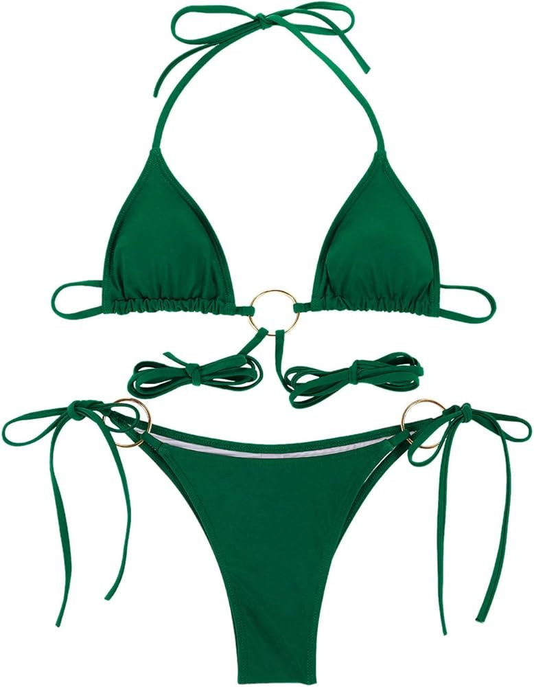 Women Halter String Bikini Set Sexy Thong Cheeky Two Piece Swimsuits Solid Color Bathing Swimwear | Amazon (US)