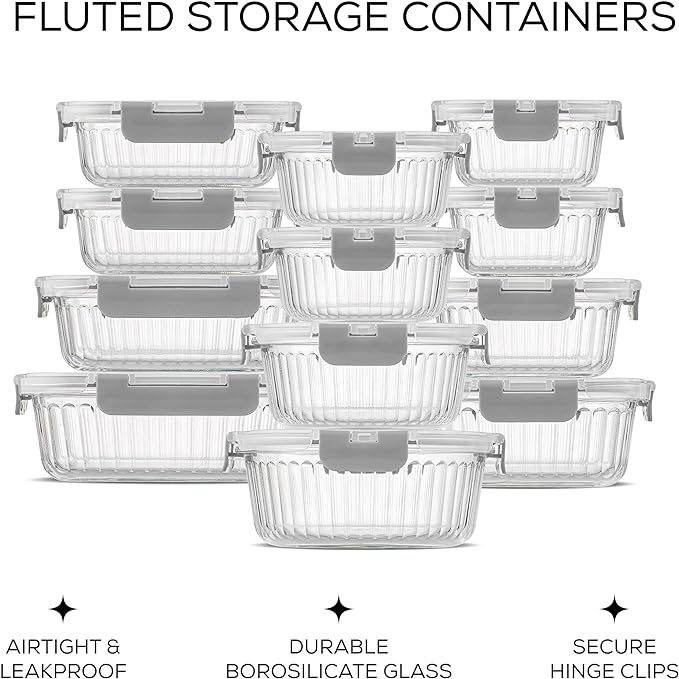 JoyJolt 24pc Fluted Glass Storage Containers with Lids. 12 Airtight, Freezer Safe Food Storage Co... | Amazon (US)