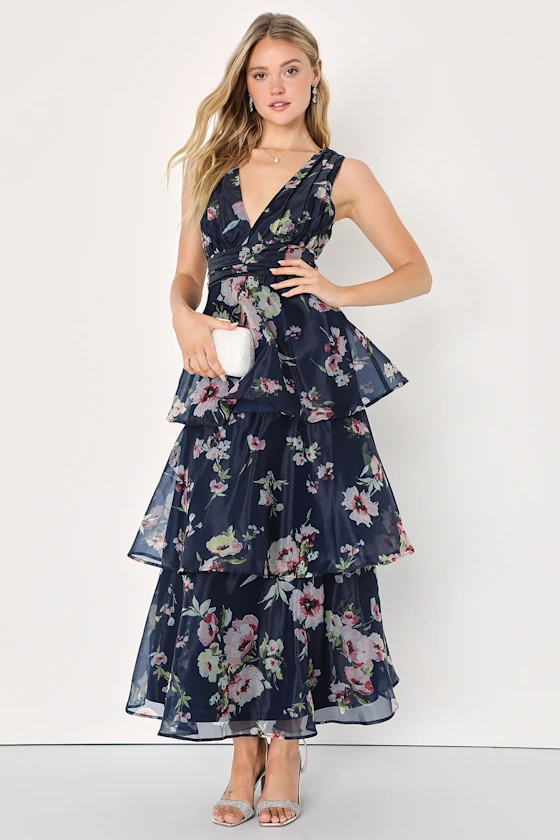 Molinetto Navy Blue Floral Organza Ruffled Tiered Maxi Dress | Lulus (US)