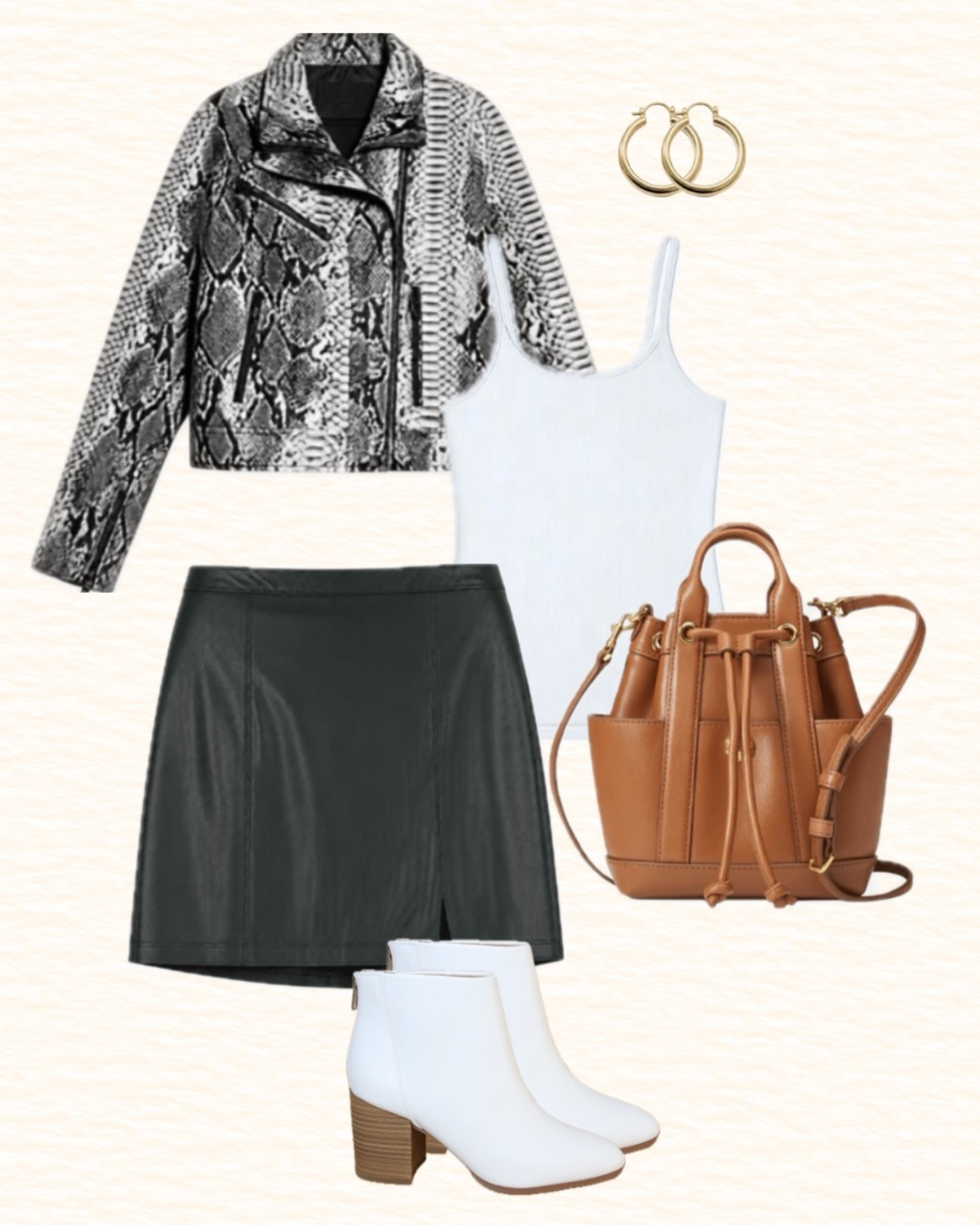 Summer into fall outfit indoors toon. Snakeskin and dark green combo, caramel bucket bag, and pops of white.

#LTKootd #LTKSeasonal #LTKgrwm