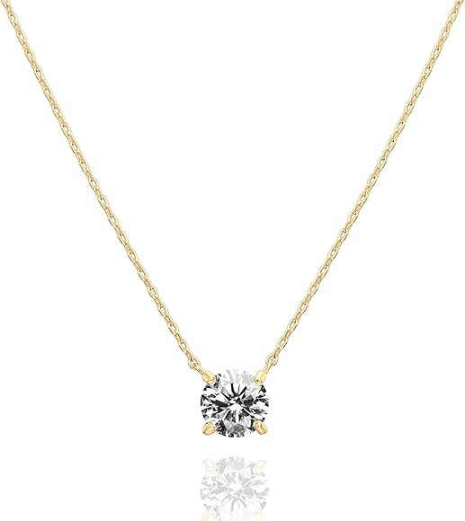 14K Gold Plated CZ Crystal Solitaire 1.5 Carat (7.3mm) Dainty Choker Necklace | Gold Necklaces fo... | Amazon (CA)
