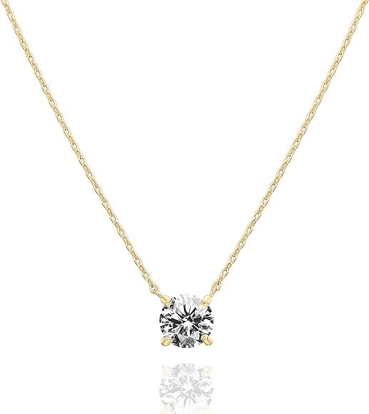 14K Gold Plated CZ Crystal Solitaire 1.5 Carat (7.3mm) Dainty Choker Necklace | Gold Necklaces fo... | Amazon (CA)