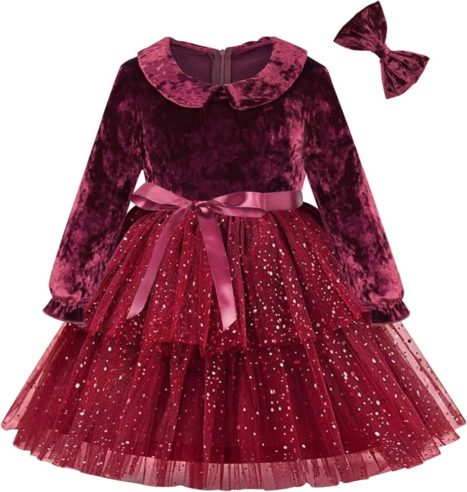 Enlifety 2-6T Toddler Girls Tulle Dress Long Sleeve Velvet Dresses with Headband for Special Occa... | Amazon (US)