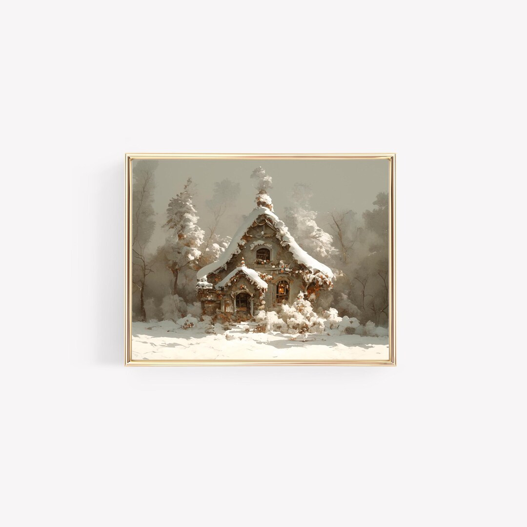 Snowy Christmas House Christmas Print Neutral Vintage Digital Print Christmas Landscape Modern Ar... | Etsy (US)