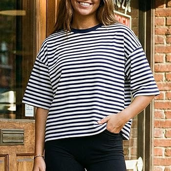 KOSUSANILL Oversized Striped Shirt Women Short Sleeve Crewneck Tshirt Cropped Baggy Tee Tops Drop... | Amazon (US)