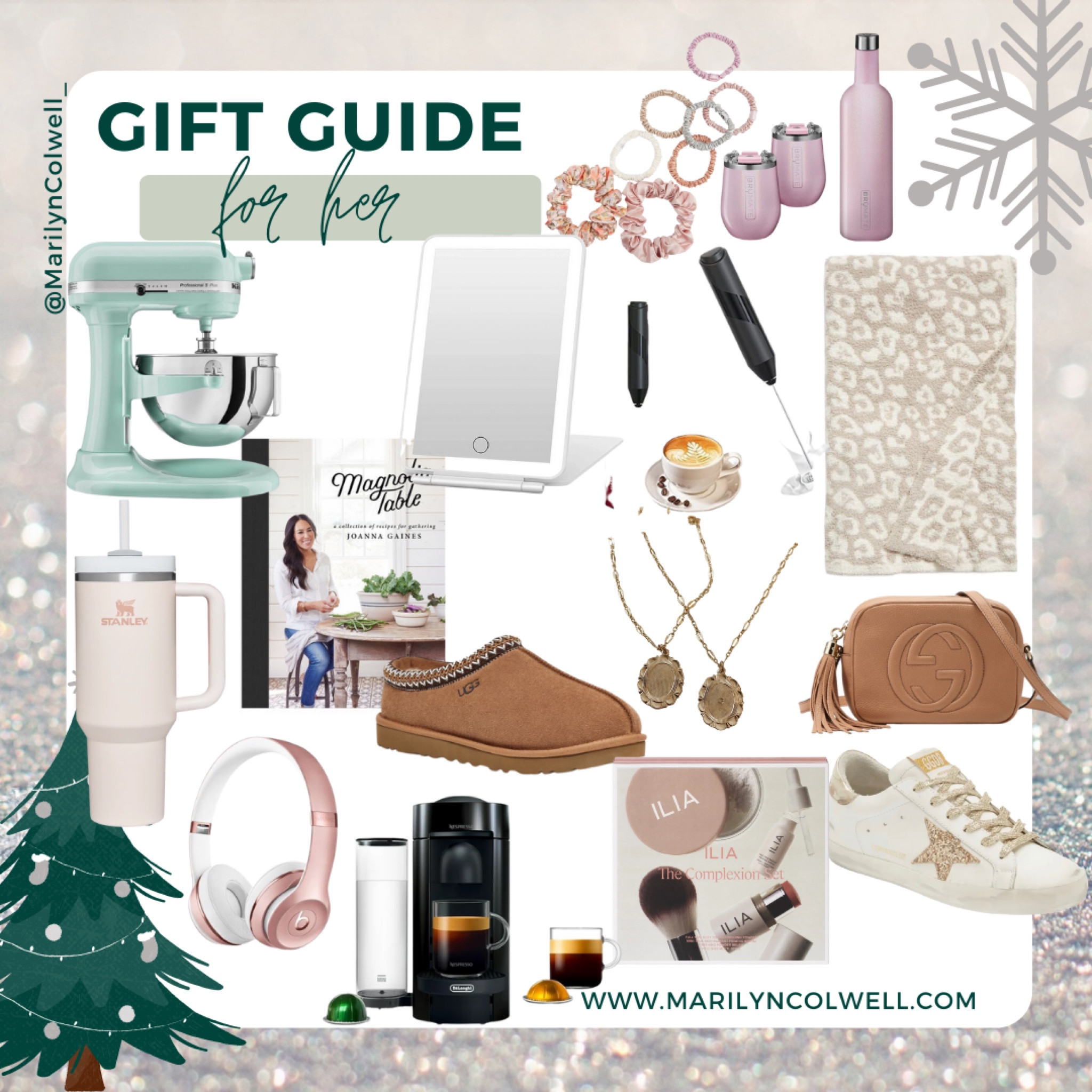 Gift guide for her🎄✨

Uggs
Stanley
Kitchen aid
Barefoot dreams
Brumate
Golden Goose
Beats
Gucci
Luxury
Nespresso