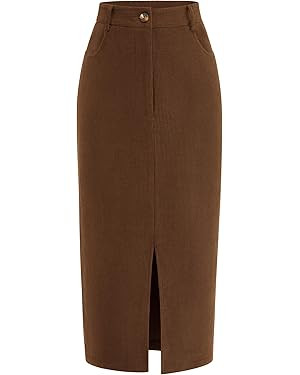PRETTYGARDEN Women's Fall Midi Pencil Skirts Dressy Casual Work Office High Waisted Long Slit Cor... | Amazon (US)