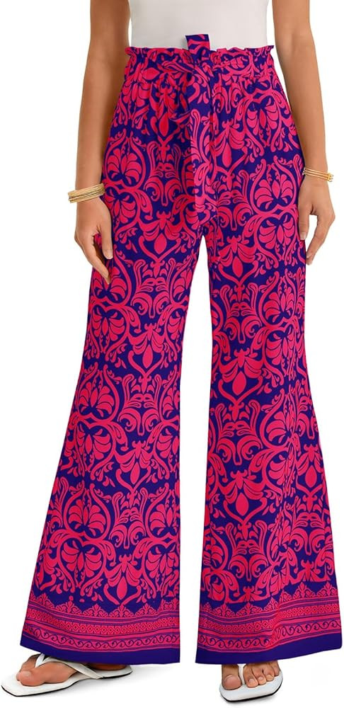 Yousify Wide Leg Boho Pants for Women High Waisted Printed Palazzo Pants Casual Flowy Tie Knot Va... | Amazon (US)