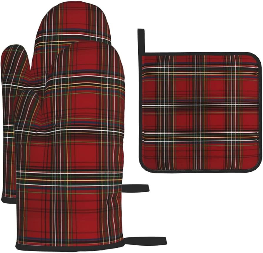 Red Tartan Plaid Oven Mitts and Pot Holders Sets of 3 Heat Resistant Oven Gloves Hot Pads Non-Sli... | Amazon (US)
