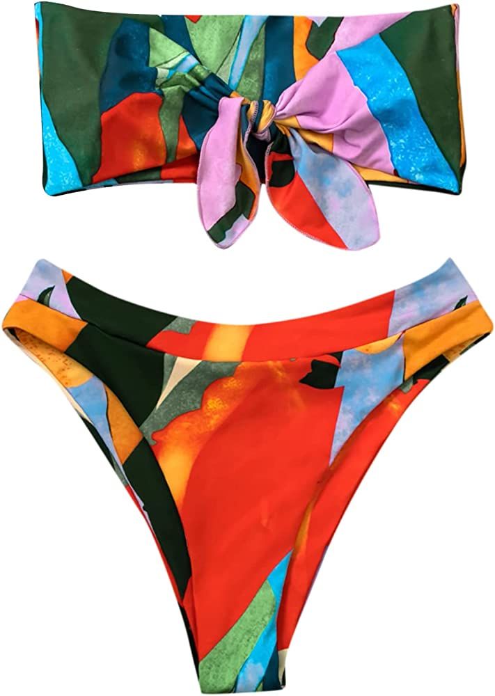 Amazon.com: SheIn Women's Graphic Swimsuit Tie Front Bandeau and High Waist Panty Bikini Set Bath... | Amazon (US)
