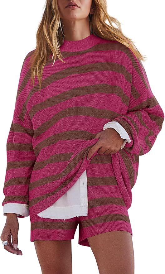 LAMISSCHE Womens Oversized Lounge Sets 2 Piece Outfits Striped Matching Pajama Set Long Sleeve Sw... | Amazon (US)