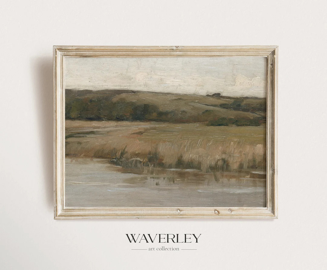 Muted Green Countryside Painting, Vintage Landscape Print, Antique European Wall Art, Rustic 19th... | Etsy (US)