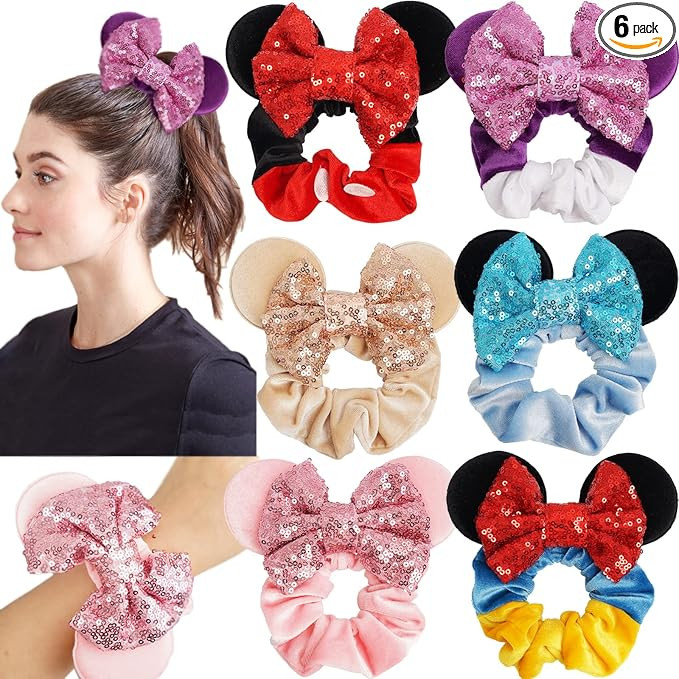 6 Pack Mouse Ears Scrunchies Velvet Sparkle Sequin Mouse Bows Hair Scrunchies Hair Ties Elastic R... | Amazon (US)