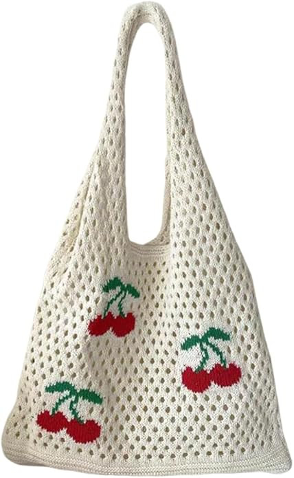 Women Large Capacity Shoulder Bag Fashion Strawberry Cherry Pattern Crochet Tote Bag Casual Handb... | Amazon (US)
