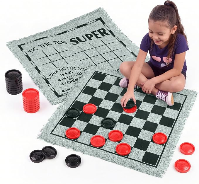 3-in-1 Vintage Giant Checkers, Tic, Tac, Toe, with Reversible Mat, 24 Chips, Family Board Game, L... | Amazon (US)