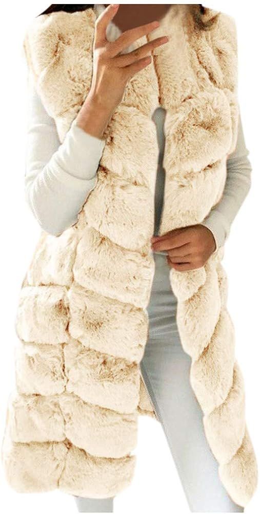 MOMKER Womens Faux Fur Long Vest Plus Size Sleeveless Plush Waistcoat Winter Warmer Jacket Coat Outw | Amazon (US)