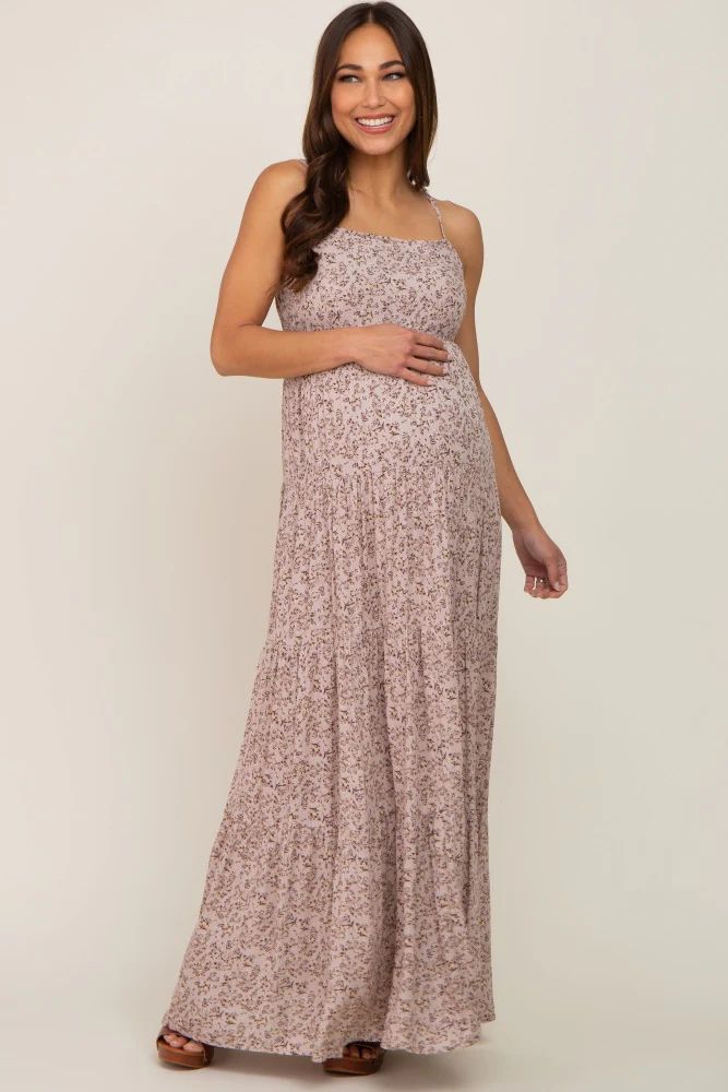 Taupe Floral Tiered Maternity Maxi Dress | PinkBlush Maternity
